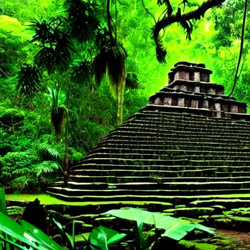 Image similar to a photo of a aztec temple in a rainforest