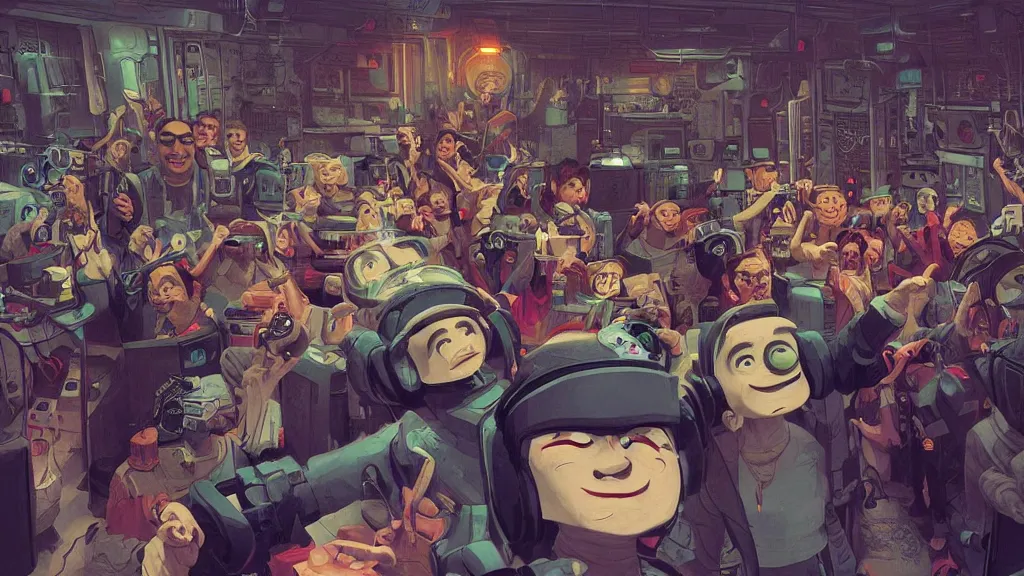 Prompt: selfie of a tight group of happy drunken hackers at a party in a highly detailed server room in a scifi movie, retrofuturism, by jamie hewlett, nuri iyem, james gurney, james jean, greg rutkowski, anato finnstark. pixar. hyper detailed, wide angle, perfect faces