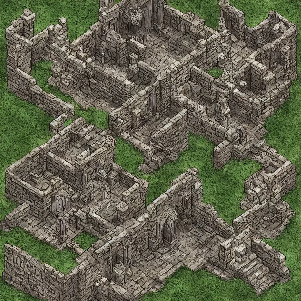 Prompt: tomb of elemental evil, isometric view, tileset, dungeons and dragons art by d. a. trampier, d & d tabletop miniature