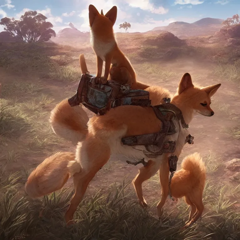 Image similar to stylized character concept art of the small cute dingo dog in the australia outback, hidari, color page, tankoban, 4 k, tone mapping, akihiko yoshida, clean bright happy adventure