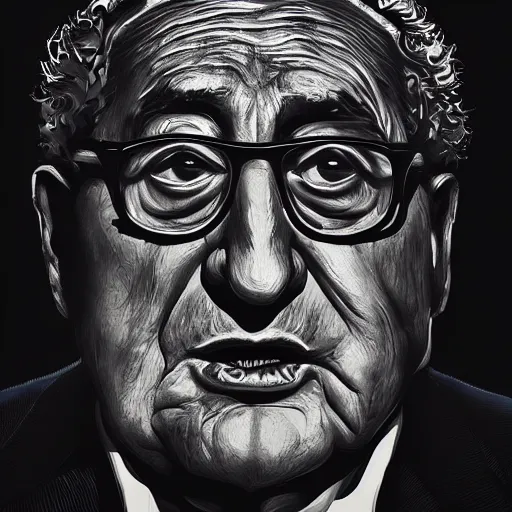 Prompt: a horror portrait of henry kissinger, hyper realistic, octane render, masterpiece portrait painting. dark, moody, ( black oil drips from his mouth and eyes ), abstract brush strokes, inner glow.