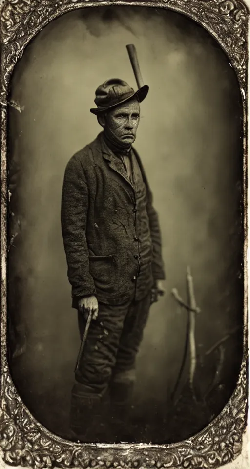 Image similar to a highly detailed wet plate photograph, a portrait of a hunter