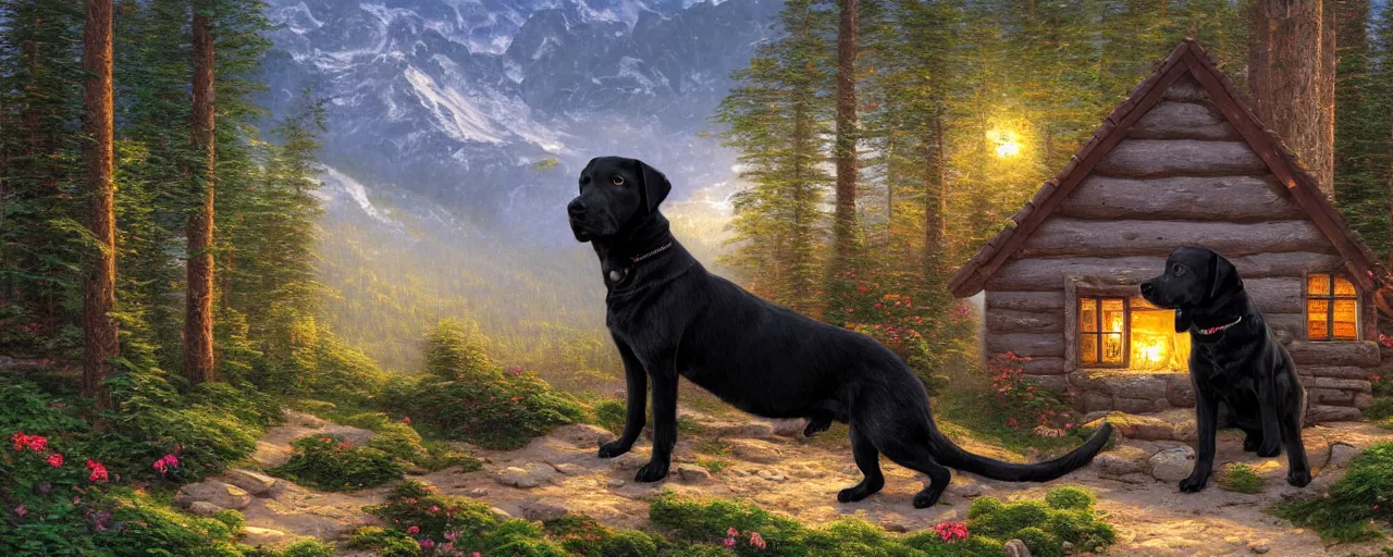 Prompt: A matte painting of a black Labrador in a cabin in the mountains by Thomas Kinkade, XF IQ4, 150MP, 50mm, F1.4, ISO 200, 1/160s, natural light