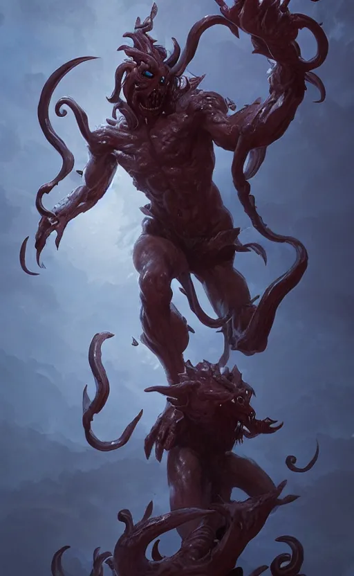 Prompt: four armed statue of a demon of the moon ascending from hell, four arms, dramatic lighting, flowing tendrils, artstation, concept art, smooth, sharp focus, illustration, art by greg rutkowski