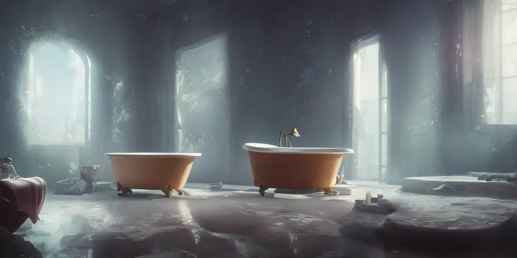 Prompt: a bathtub, detailed oil painting, cinematic angle, hyperrealistic, breathtaking, volumetric lighting, cinematic lighting, dynamic, Studio Ghibli, digital art, octane render, epic composition, trending on artstation, masterpiece