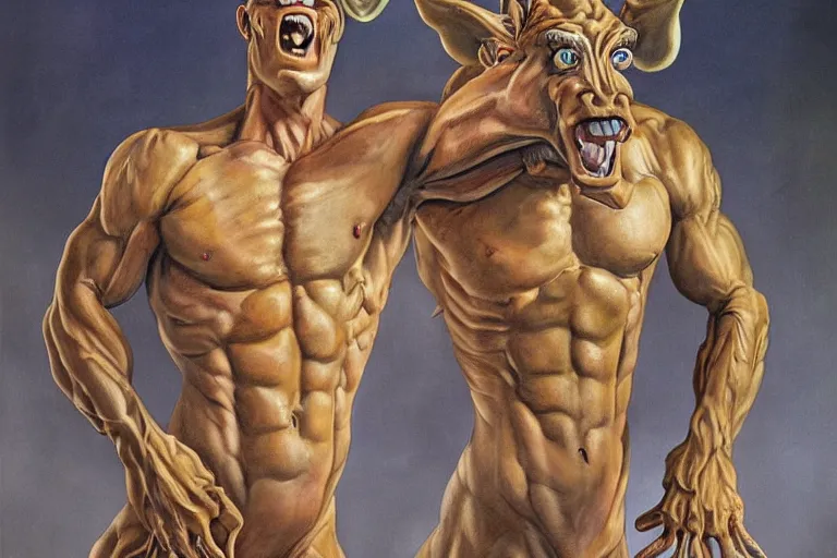 Prompt: beautiful lifelike painting of a centaur centaur centaur chimera tom cruise torso, hyperreal detailed facial features and uv lighting, art by ed roth and basil wolverton