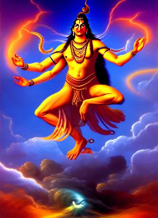 Prompt: lord shiva dancing his magical thunderous dreams of infinity, hyper realism volumetric lighting artist boris vallejo