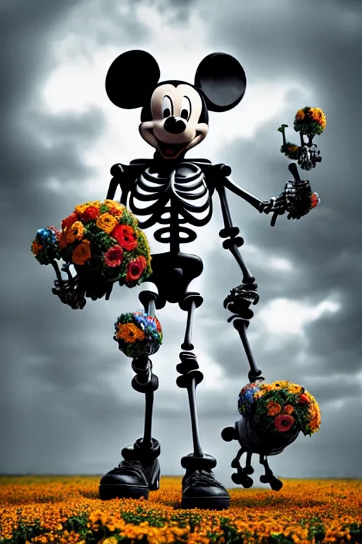 Prompt: a skeletal, mickey mouse made out of flowers and bones, taking a giant robot for a walk by beeple, nychos and arcimboldo, highly detailed octane render