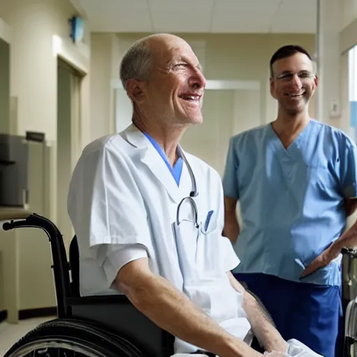 Image similar to a male patient in a wheelchair in the hospital with his wife and son standing by. happy, cheerful, smiling, intricate, sharp focus, cinematic lighting, 8 k, art by emiliya lane, margaret dyer