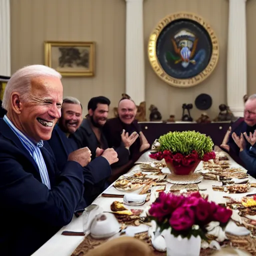 Prompt: 4 k hdr portrait wide angle photo of president joe biden laughing at a dinner table meeting surrounded by taliban terrorist leaders