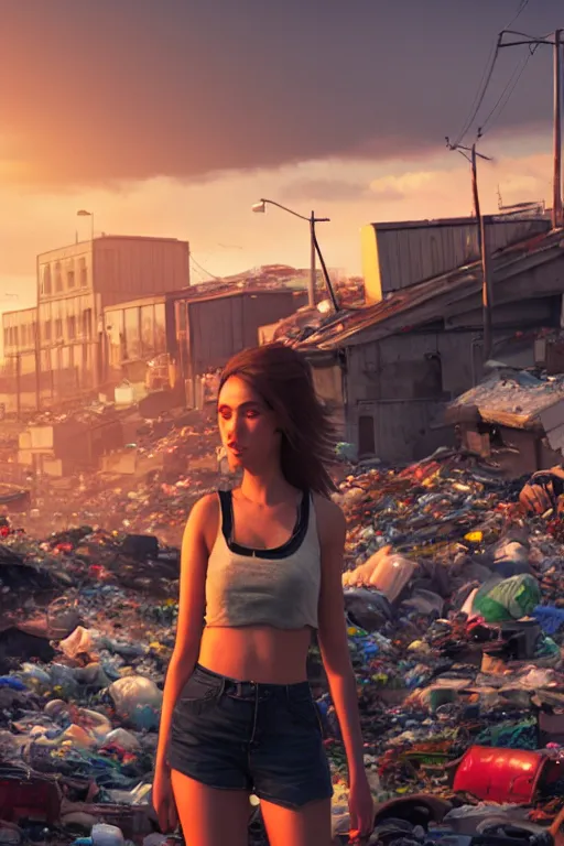 Image similar to wide photo of young woman beauty in mini short with backpack looking at food at garbage dump, destroyed cars, city is pure wasteland, moody sunset background, rays of sunlights, ( ( ( rainbow ) ) ), high details, sharp, photorealism, greg rutkowski, artgerm, unreal engine, highly detailed