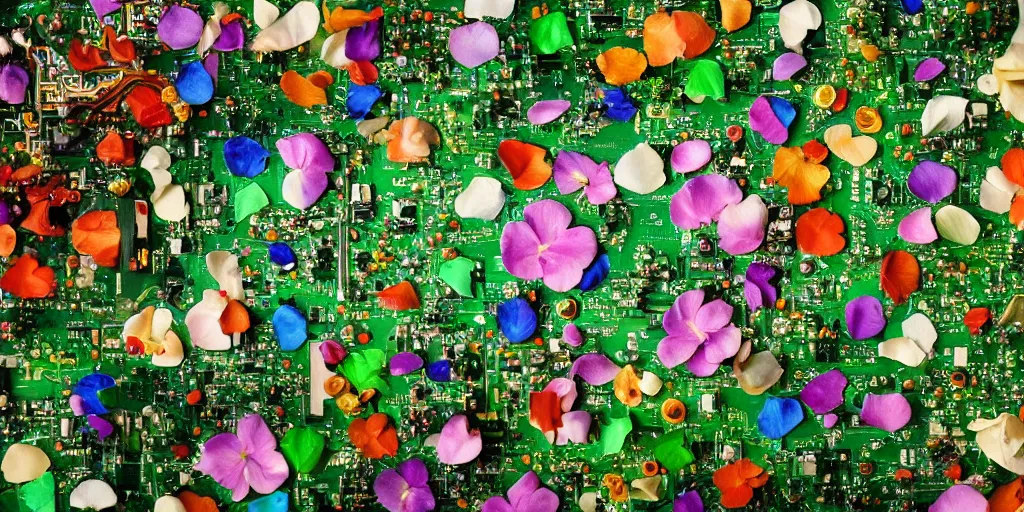 Image similar to computer motherboard overgrown with tiny! beautiful! lush!!! flowers, flower petals, leaves