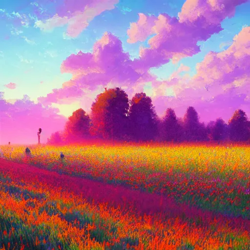 Prompt: who cared, flower field, beautiful sunset on a summer day light, impressionist painting, colorful clouds, blue sky, digital painting, artstation, simon stalenhag