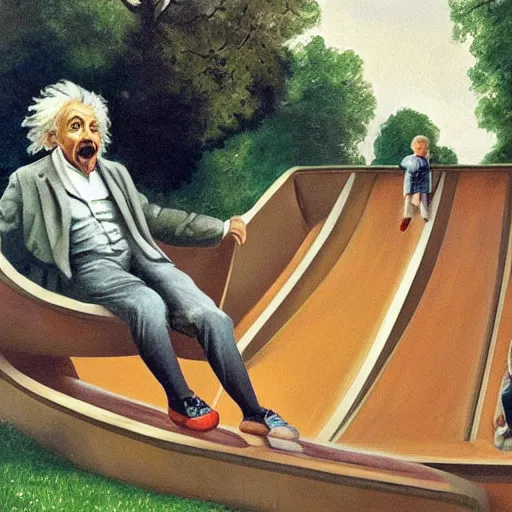 Image similar to painting of albert einstein going down a large slide in a public park with many children, by caspar david