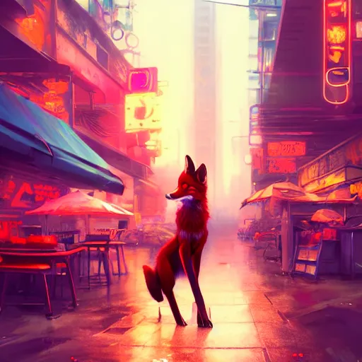 Image similar to splash art of cute female anthropomorphic vulpes vulpes fox sitting by a noodle stand in the crowded street of a cyberpunk city, rain, cyberpunk clothes, bright neon lights, atmospheric : by weta, greg rutkowski, wlop, ilya kuvshinov, rossdraws, artgerm, octane render, liosh, mucha