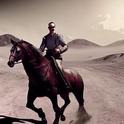 Image similar to real vintage photo, agent smith from the matrix riding a horse on moon, detailed, hyper realistic, 4 k octan render, unreal 5