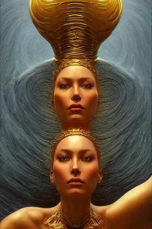 Prompt: Hyper realistic portrait of a goddess in a gold fluid simulation in the background, Cinematic lighting, ultra super good realistic 3D render by Gerald Brom and Zdzisław Beksiński, symmetry, insanely detailed, trending on artstation, 8k
