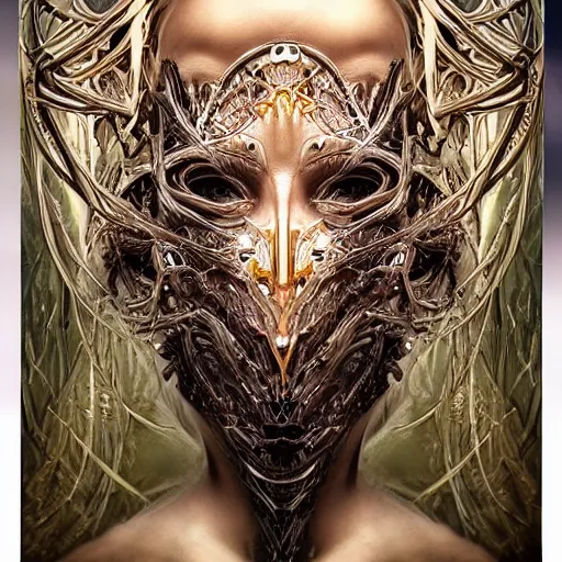 Image similar to Elden Ring themed painting of hybrid majestic aztec warrior princess fantasy biomechanical human beautiful immortal feminine angel symmetrical face angry mask closeup face breathing mask tattoo pattern golden ratio concept, deep forest psytrance Neo-Gothic concept, infinity glyph waves, intricate artwork masterpiece, very coherent artwork, cinematic, full frontal facial features by Artgerm, Takato Yamamoto, Zdizslaw Beksinski, Johnatan Wayshak, Moebius, Ayami Kojima, very anatomically coherent artwork, trending on cgsociety, ultra high quality model, production quality cinema model, high detail chromatic ink outline, octane render, unreal engine 8k, hyper realism, high detail, octane render, unreal engine, 8k, High contrast