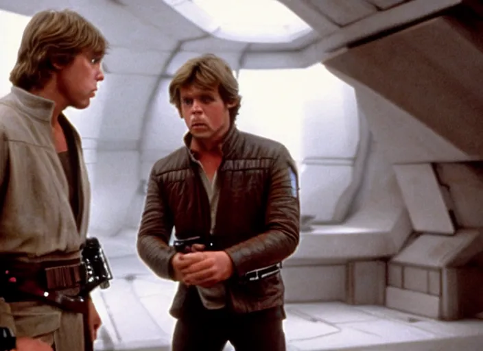 Image similar to epic screenshot portrait of Luke Skywalker arguing with Han Solo, marble temple, iconic scene from the force awakens, 1980s film directed by Stanley Kubrick, cinematic lighting, kodak, strange, hyper real, stunning moody cinematography, with anamorphic lenses, crisp, detailed portrait, 4k image