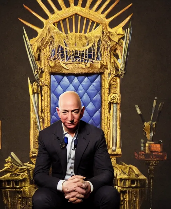 Prompt: a vivid fantasy portrait of jeff bezos sitting on a dark throne