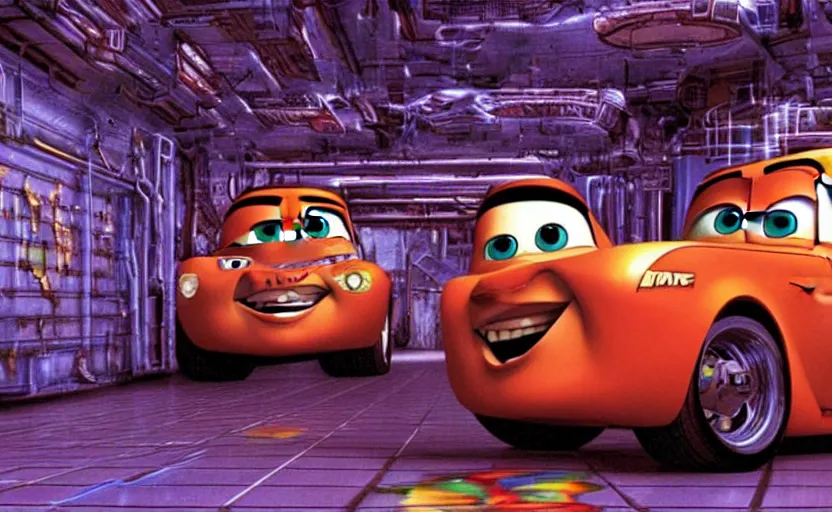 Image similar to mater from cars in a mirrored fractal hallway, romance novel cover, dmt visualization, in 1 9 9 5, y 2 k cybercore, industrial photography, still from a ridley scott movie