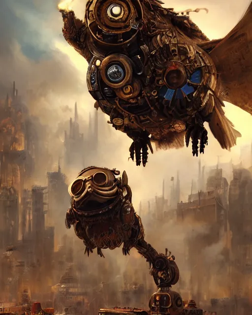 Image similar to oil painting of exploding steampunk city, Gigantic Steampunk Owl Robot above, sharp focus, full body, heroic pose, fantasy style, octane render, volumetric lighting, 8k high definition, by greg rutkowski, highly detailed, trending on art Station, magic the gathering artwork, centered, dramatic artwork, combat scene