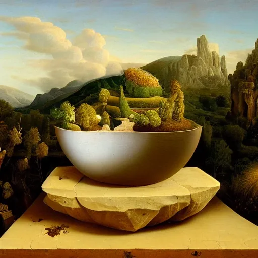 Image similar to still life of a stone bowl containing a miniature landscape, surrealism, photorealistic, river and trees and hills, extremely detailed, by clara peeters and rob gonsalves and caspar david friedrich