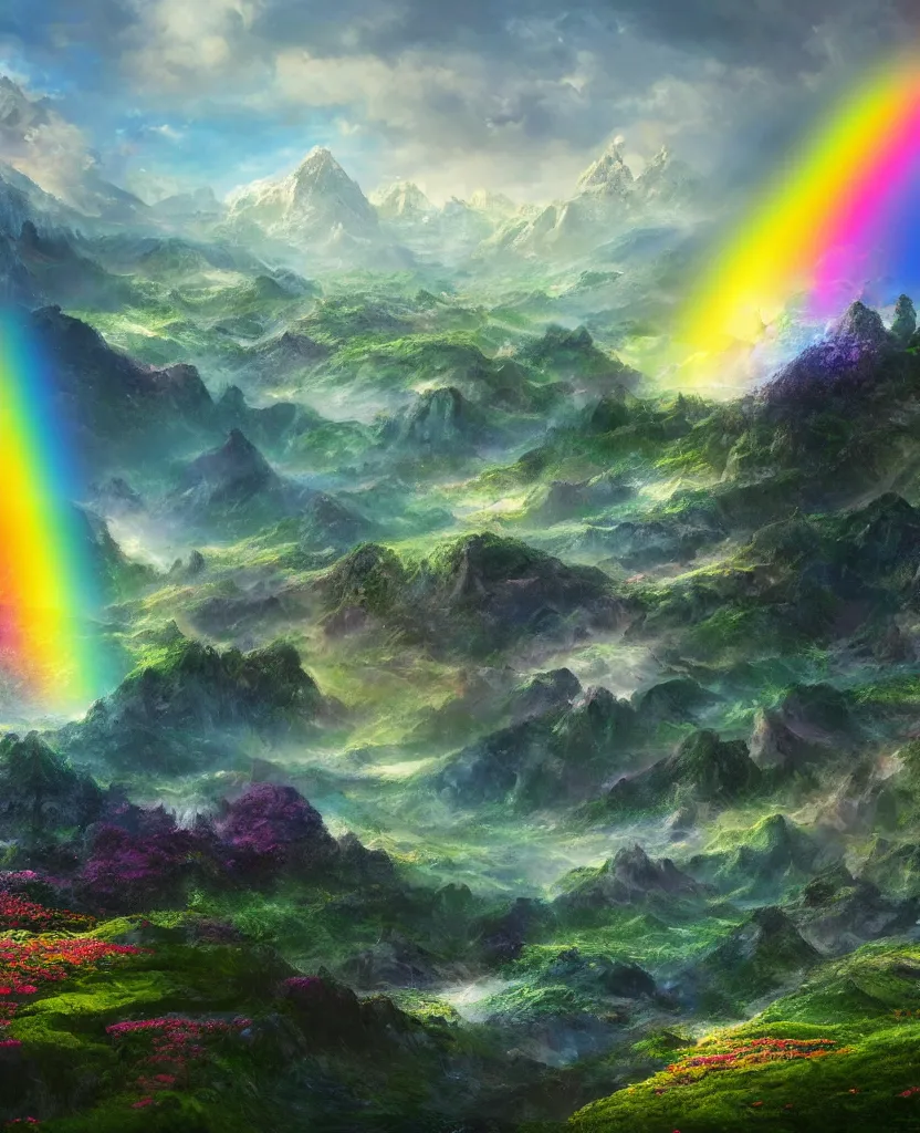 Image similar to enormously detailed hd concept art of three parallel rainbows at horizon, landscape with mountains and flowers, concept art, 8K detail post-processing
