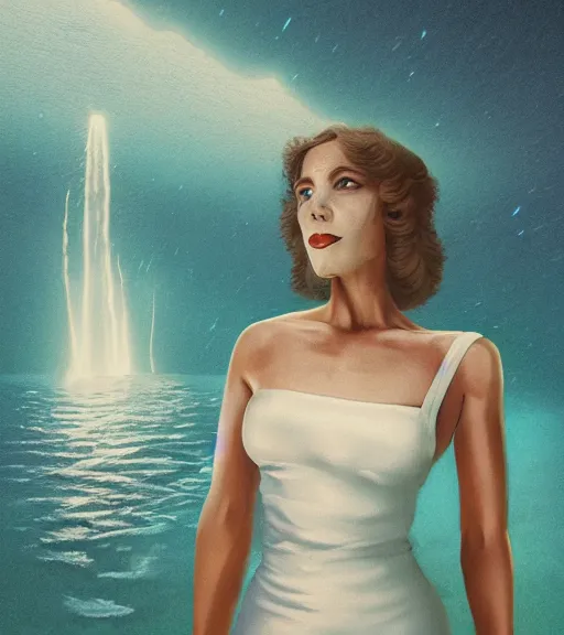 Image similar to a woman in a white dress standing in the water, an album cover by mike winkelmann, behance contest winner, cubo - futurism, synthwave, outrun, chillwave, trending on artstation