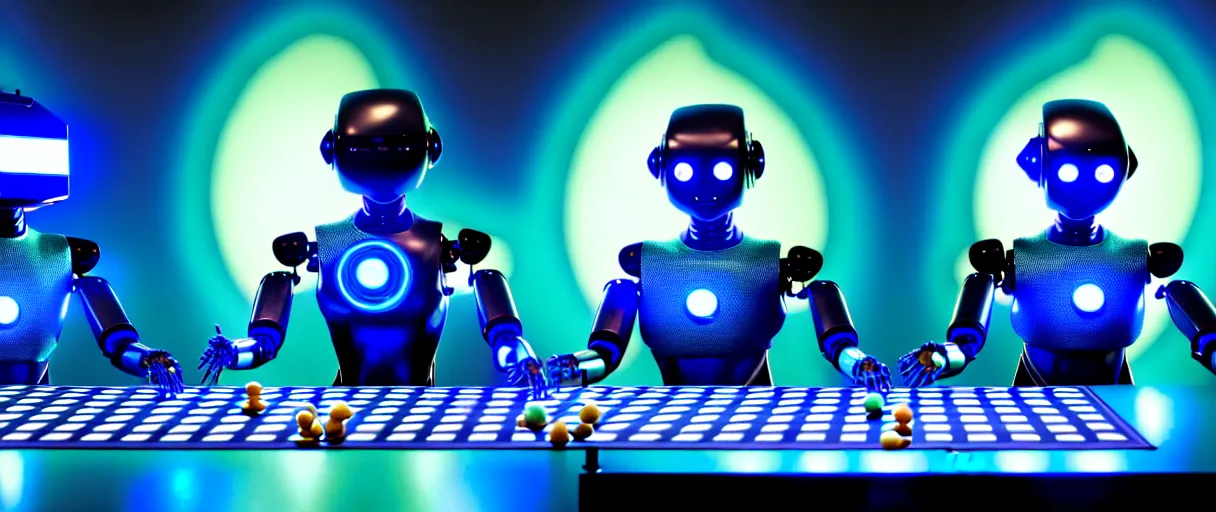 Image similar to a highly detailed photo of two futuristic matte blue full humanoid robots with glowing led eyes and chrome accents, sitting on large midcentury recliners facing off in an intense game of checkers. cinematic movie photograph, cinematic lighting, arri alexa, extremely detailed, smooth, very very clean, 8 k, octane render, maya render, unreal engine, trending on artstation, dslr
