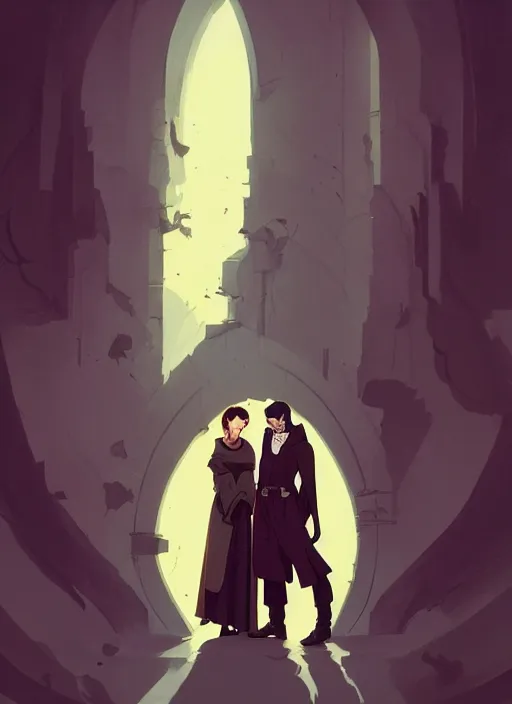 Prompt: a priest and a woman and an englishman looking down depressed, sad mood, dark colors, in the style of artgerm, gerald brom, atey ghailan and mike mignola, vibrant colors and hard shadows and strong rim light, plain background, comic cover art, trending on artstation