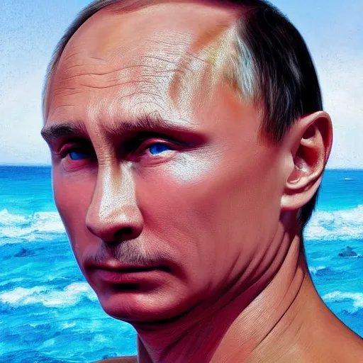 Prompt: hyperdetailed digital oil portrait painting of Vladimir Putin wearing a bikini, Digital art