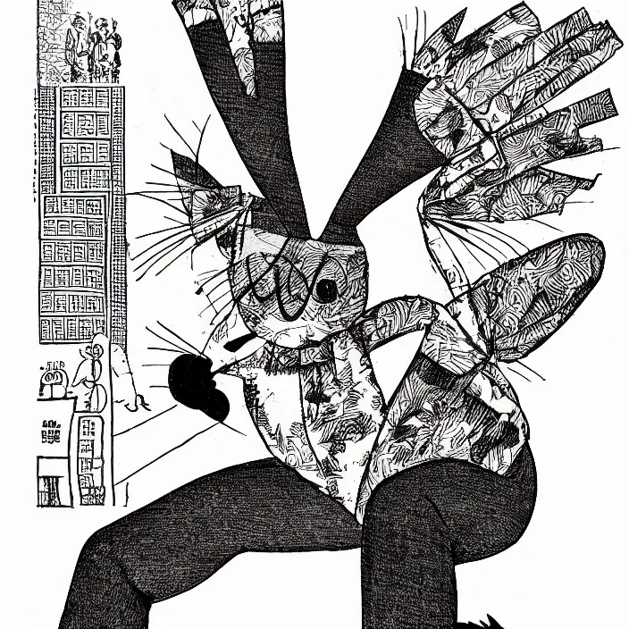 Image similar to a still frame from comic strip a bird in rabbit costume half pants 1 9 5 0, herluf bidstrup, new yorker illustration, monochrome contrast bw, lineart, manga, tadanori yokoo, simplified,