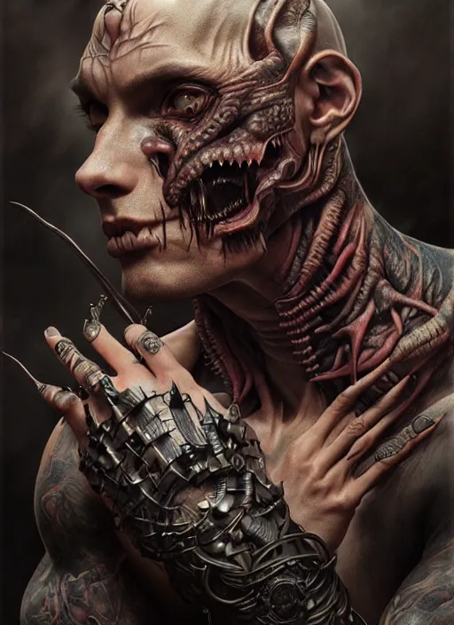 Image similar to ultra realistic, male human predator, goth, tattoos, leather, fantasy, flesh, bone, body horror, intricate details, eerie, highly detailed, octane render, 8 k, art by artgerm and alphonse mucha and greg rutkowski