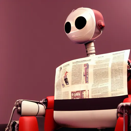 Image similar to futuristic studious matte brown and red and chrome full-body humanoid robot with two huge round expressive sad purple glowing LED eyes and open rectangular mouth sitting on a large comfortable cushioned 1950s vintage recliner reading a newspaper. open newspaper. Cinematic Movie Photograph, Arri Alexa, Extremely Detailed, smooth, very very clean, 8K, octane render, maya render, unreal engine, trending on artstation, DSLR, excellent composition, center frame