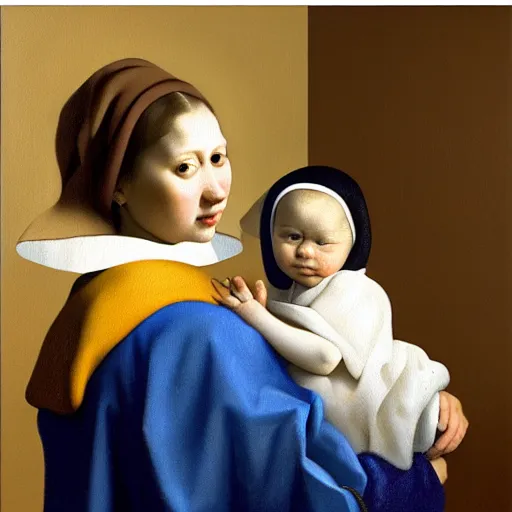 Image similar to pure love is patient love is kind, mother and child ; photorealistic oil painting by johannes vermeer ; highly detailed cute faces by wlop ; trending on artstation ; 8 k high resolution, symmetrical, cinematic, high coherence, golden ratio, rule of thirds, perfectly centered ; anatomically correct faces