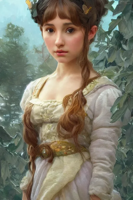 Image similar to miniature cottagecore tiny Ariana Grande , tilt shift photography, miniature world, elegant, highly detailed, digital painting, artstation, concept art, smooth, sharp, focus, illustration, art by artgerm and greg rutkowski and alphonse mucha