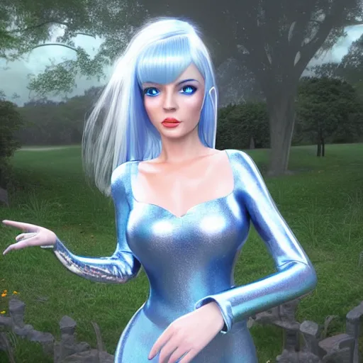 Image similar to “hyperrealistic ultra detailed unreal engine 5 RTX raytracing nvidia hairworks render of portrait of the most beutiful girl with blue eyes and white hair. She is in heavens garden. She has amazing silver jevelery. Nose piercing. Latex dress . Ultra realistic face Rainbow. Trending art station. Grymes inspires. Wonderful landscape on the background”