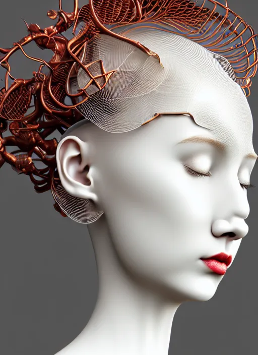 Image similar to complex 3d render ultra detailed of a beautiful porcelain profile woman face, mechanical cyborg, 150 mm, beautiful natural soft light, rim light, silver gold details, bloom magnolia big leaves and stems, roots, fine foliage lace, maze like, mesh wire, intricate details, hyperrealistic, ultra detailed, mandelbrot fractal, anatomical, red lips, white metal armor, facial muscles, cable wires, microchip, elegant, high fashion, octane render, H.R. Giger style, 8k