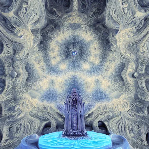 Image similar to a beautiful 3 d painting of a huge sprawling fractal cathedral interior populated by mandelbrot fractals by android jones, unreal engine, carved stone, carved soap, white color scheme, volumetric lighting, octane render, dramatic lighting, glowing, carved marble, opalescent, sacred geometry, religious, angelic, catholicpunk, stark, 8 k, ultra detailed