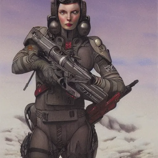 Prompt: female Scifi soldier gets ready, by Gerald Brom