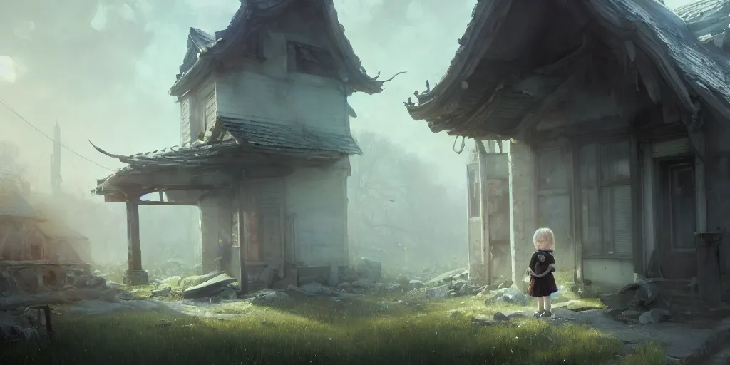 Image similar to big - eyed nordic sweet little girl looking sad in front of bombed house, extremely detailed digital painting, in the style of fenghua zhong and ruan jia and jeremy lipking and peter mohrbacher, mystical colors, rim light, beautiful lighting, 8 k, stunning scene, raytracing, octane, trending on artstation