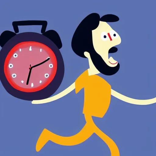 Image similar to a man being dragged by a giant angry alarm clock with arms and legs. cartoon illustration. semi-realistic