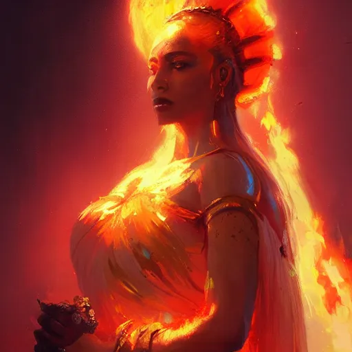 Image similar to a beautiful portrait of a fire goddess by greg rutkowski and raymond swanland, trending on artstation, flaming background, ultra realistic digital art