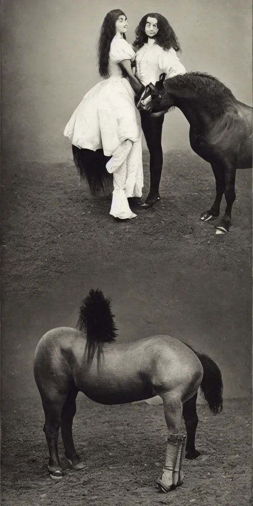 Prompt: t rex and a horse wearing high heels, strange, black and white, photograph, 1850s