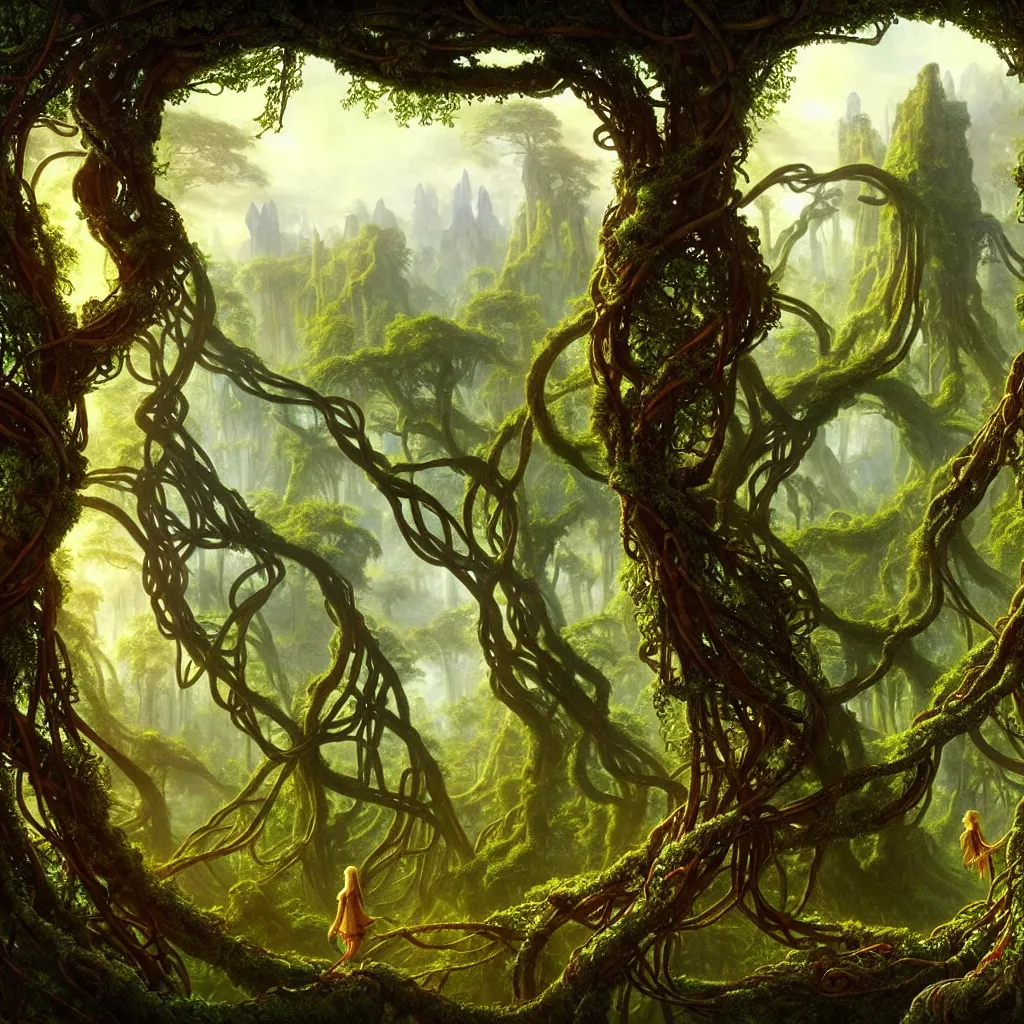 Image similar to a beautiful and highly detailed matte painting of an elven temple in a magical fantasy garden in a lush forest, ancient runes, knotted trees, tangled vines, intricate details, epic scale, insanely complex, 8 k, sharp focus, hyperrealism, very realistic, by caspar friedrich, albert bierstadt, james gurney, brian froud,