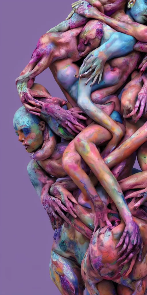 Image similar to closeup photograph of a surrealist sculpture human bodies intertwined, a lovely cornucopia of flowers and human body parts, body parts, paint pour, swirling paint, pink blue and purple color scheme, muted color palette, skin tones, highly detailed, octane render, cinematic