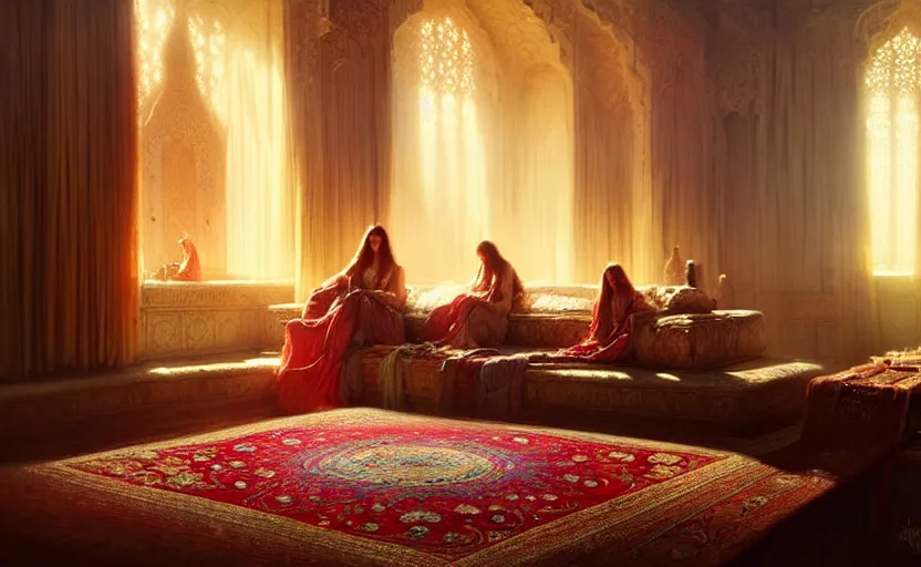 Image similar to magic fluffy Persian carpet dimension, by Greg Rutkowski and Gaston Bussiere, dim lighting, beautiful volumetric-lighting-style atmosphere, surreal atmosphere, intricate, detailed, photorealistic imagery, artstation