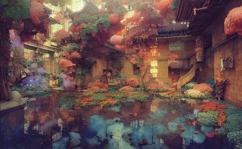 Image similar to tiled room squared waterway, fantasy. intricate, amazing composition, colorful watercolor, by ruan jia, by maxfield parrish, by marc simonetti, by hikari shimoda, by robert hubert, by zhang kechun, illustration, gloomy