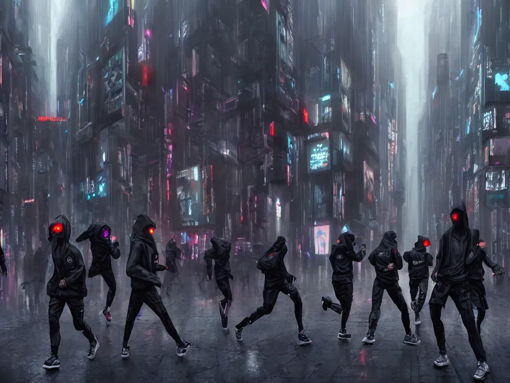 Image similar to a hyperrealistic matte painting of a group of rebellious hackers, clothed in techwear, running through the streets of a dystopian city, matte painting, intricate detail, polished, cyberpunk style, concept art, trending on artstation